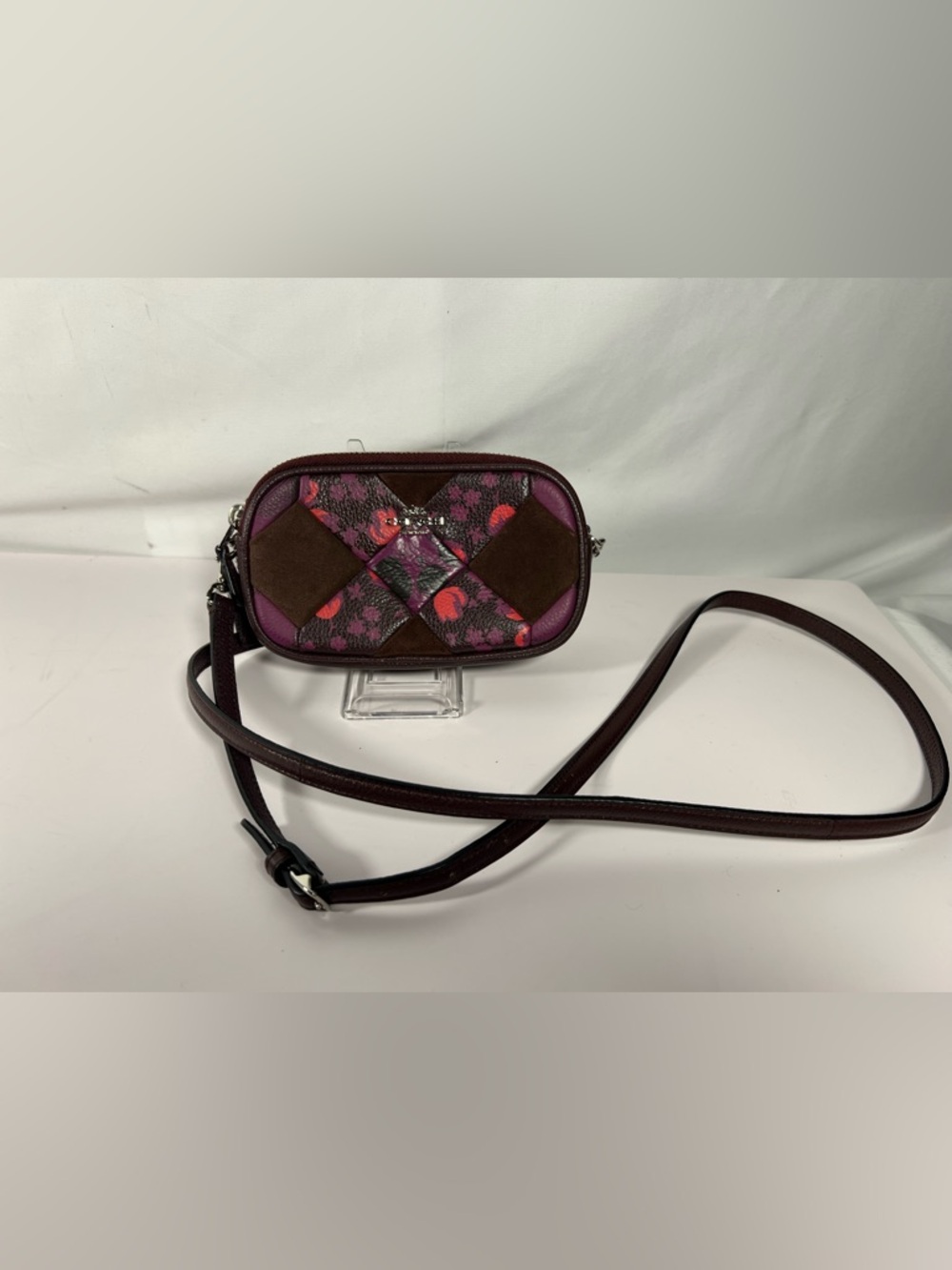 4077: Coach Patchwork Floral Leather Suede Mini Crossbody Bag